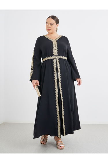 Plus Black Kaftan with Lace Trim