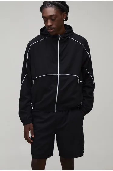 Funnel Neck Piping Wind Breaker & Baggy Short Set - black