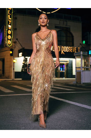 Charnita V Neck Rhinestone Fringe Jumpsuit