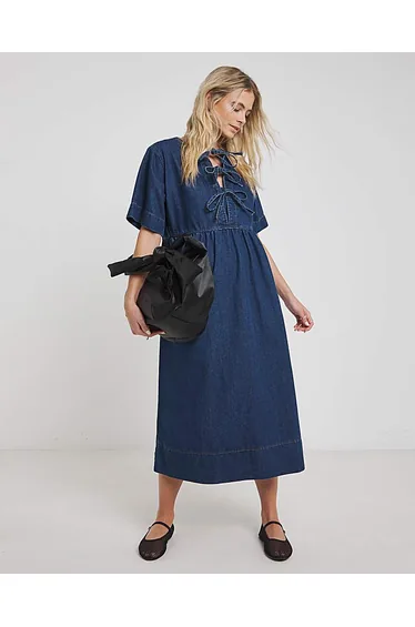 Mid Blue Tie Front Midi Dress