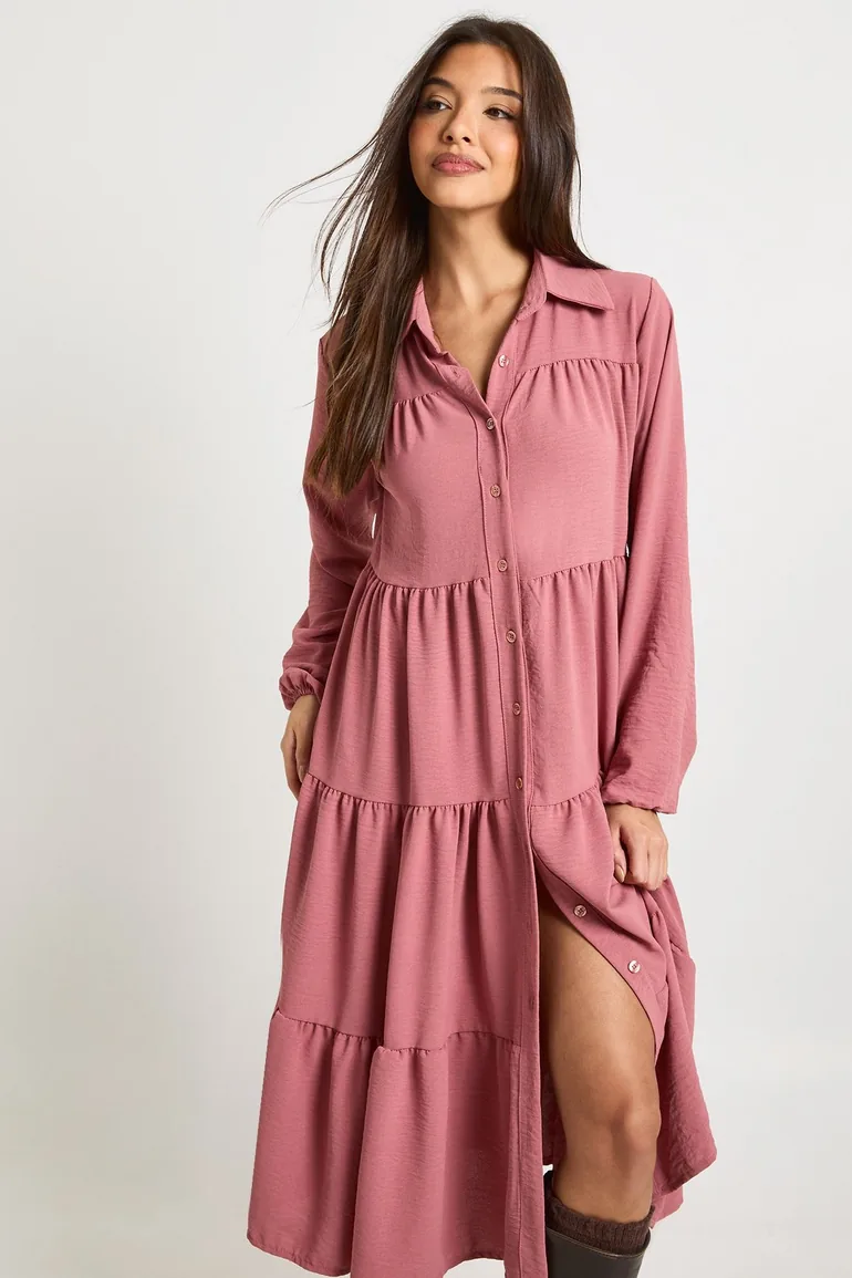 Textured Tiered Midi Smock Dress - desert rose - 2