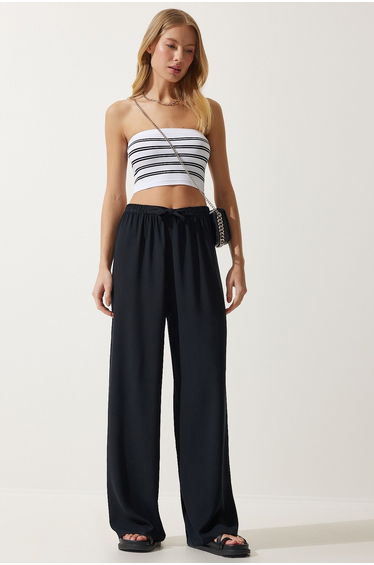 Women's Black Flowy Knitted Palazzo Trousers