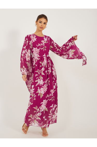 Printed Long Sleeve A-Line Maxi Dress