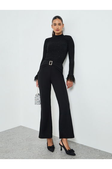 Black Flare Trousers with Embellished Buckle Detail