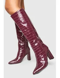 Wide Fit Croc Pointed Knee High Heeled Boots - oxblood