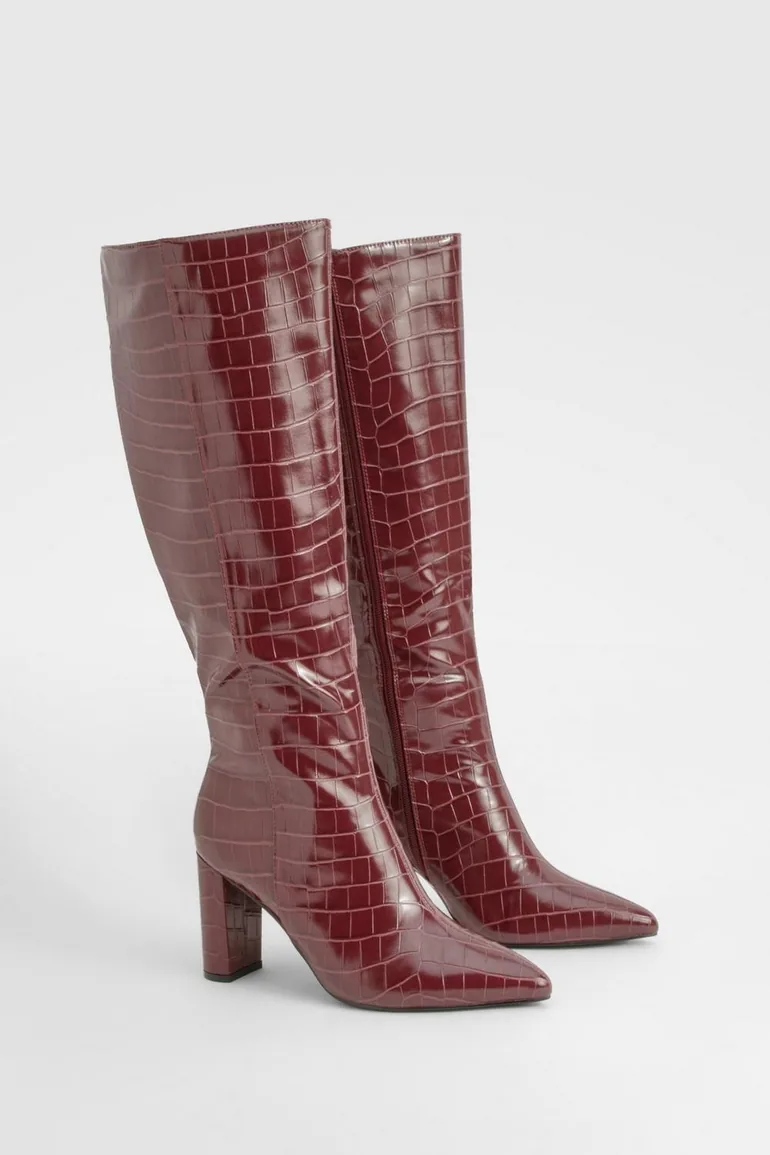 Wide Fit Croc Pointed Knee High Heeled Boots - oxblood - 1