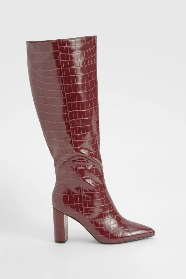 Wide Fit Croc Pointed Knee High Heeled Boots - oxblood - 2