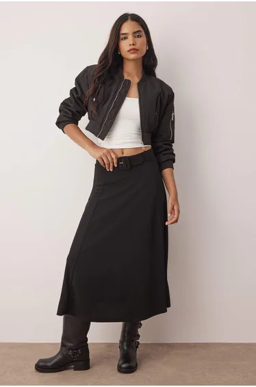Black Belt Detailed Skater Maxi Flexible Knit Skirt