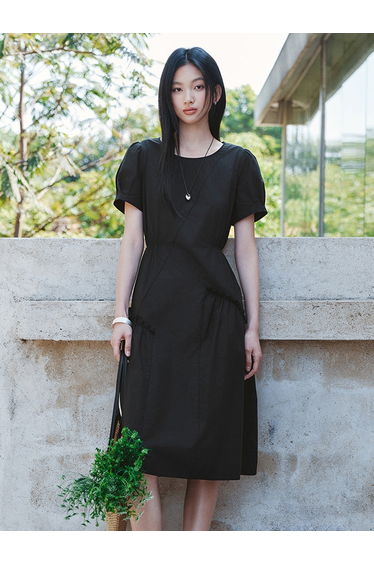 Women's Solid Color Midi Dress With Elastic Waist