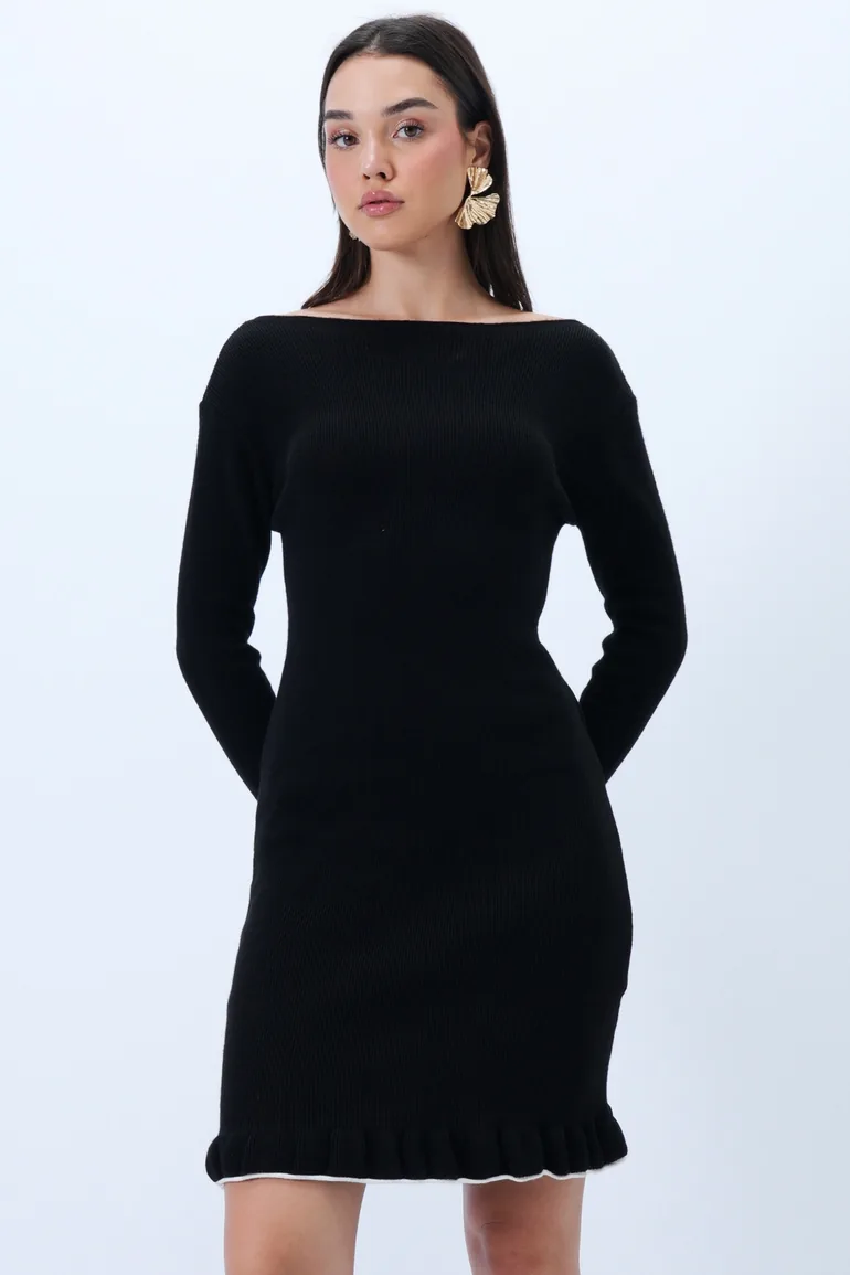 Women's Black Boat Neck Sleeve and Ruffle Skirt Knit Dress - 1