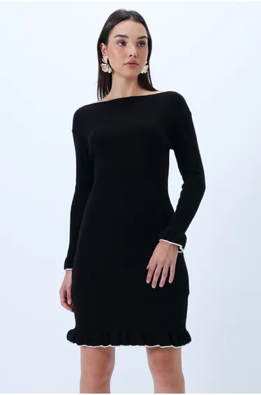 Women's Black Boat Neck Sleeve and Ruffle Skirt Knit Dress