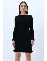 Women's Black Boat Neck Sleeve and Ruffle Skirt Knit Dress - 2