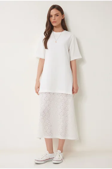 Women Bone Stretchy Knitted Top Lace Skirt Dress