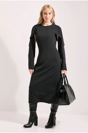 Black Caped Sleeve Detail Crepe Column Dress