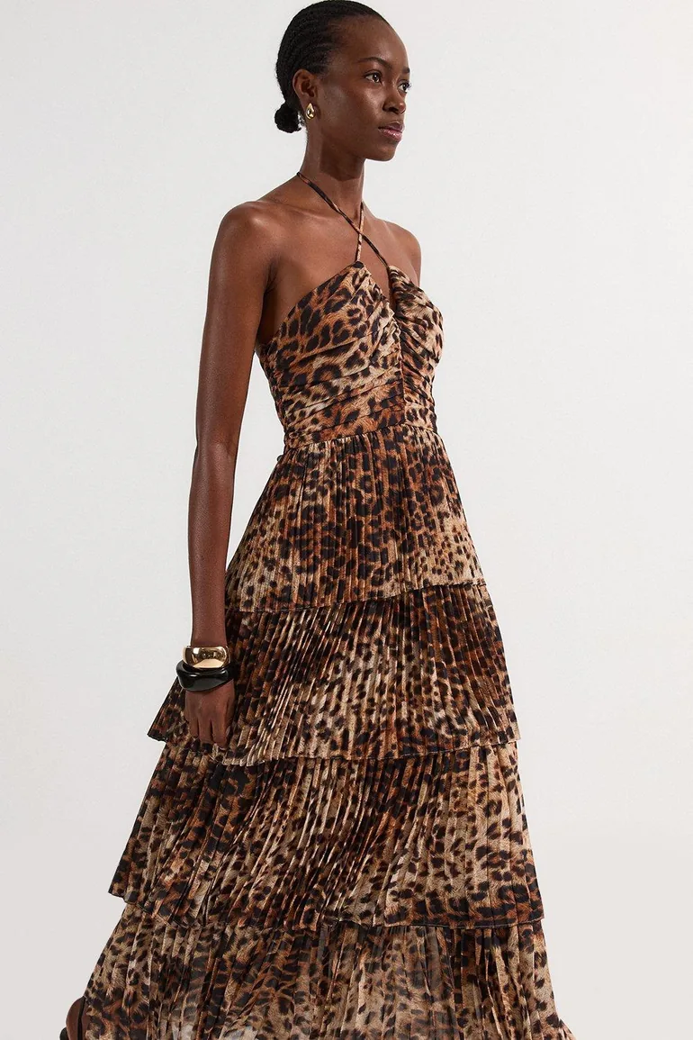 Animal Georgette Crinkle Tiered Halterneck Maxi Dress - 1