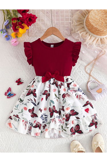 Butterfly Print Ruffled Bow Detail Dress