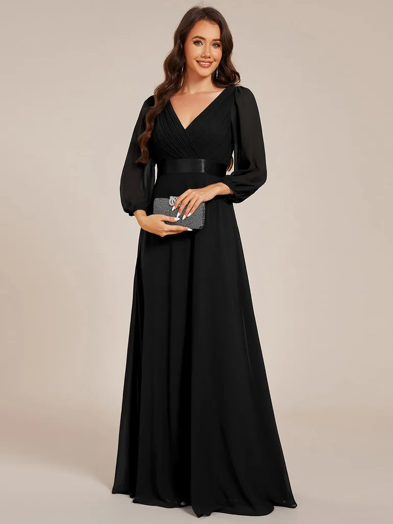 ever OLIVIA|Long Sleeves Chiffon Empire Waist A-Line Maxi Formal Evening Dress - 3