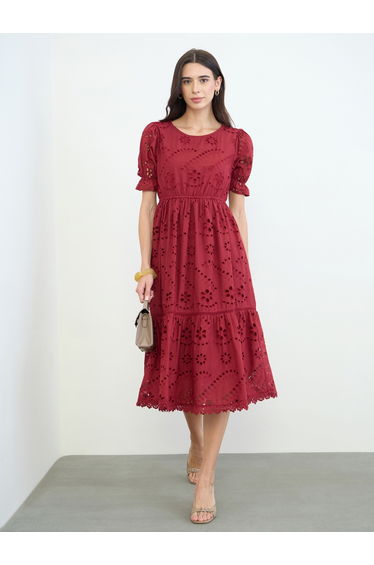 Red Schiffli Puff Sleeve A-Line Midi Dress