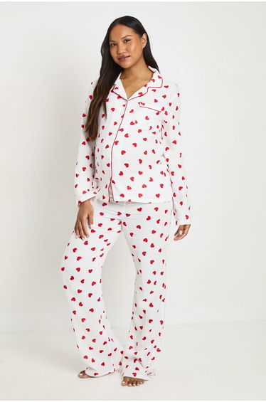 Tall Heart Print Muslin Long Sleeve Shirt & Trouser Pyjama Set - white