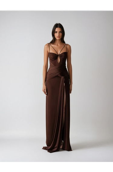 Pzron Ruched Draped Split Maxi Dress