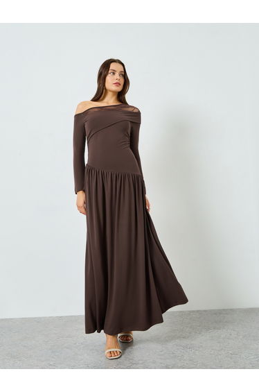 Brown One Shoulder Gathered Detail Maxi Dress