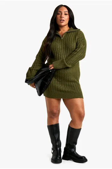 Plus Soft Knit Thick Rib Zip Neck Oversized Mini Dress
