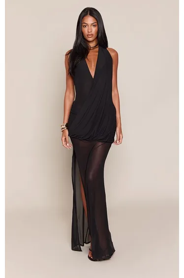 Tall Black Mesh Extreme Plunge Drape Maxi Dress