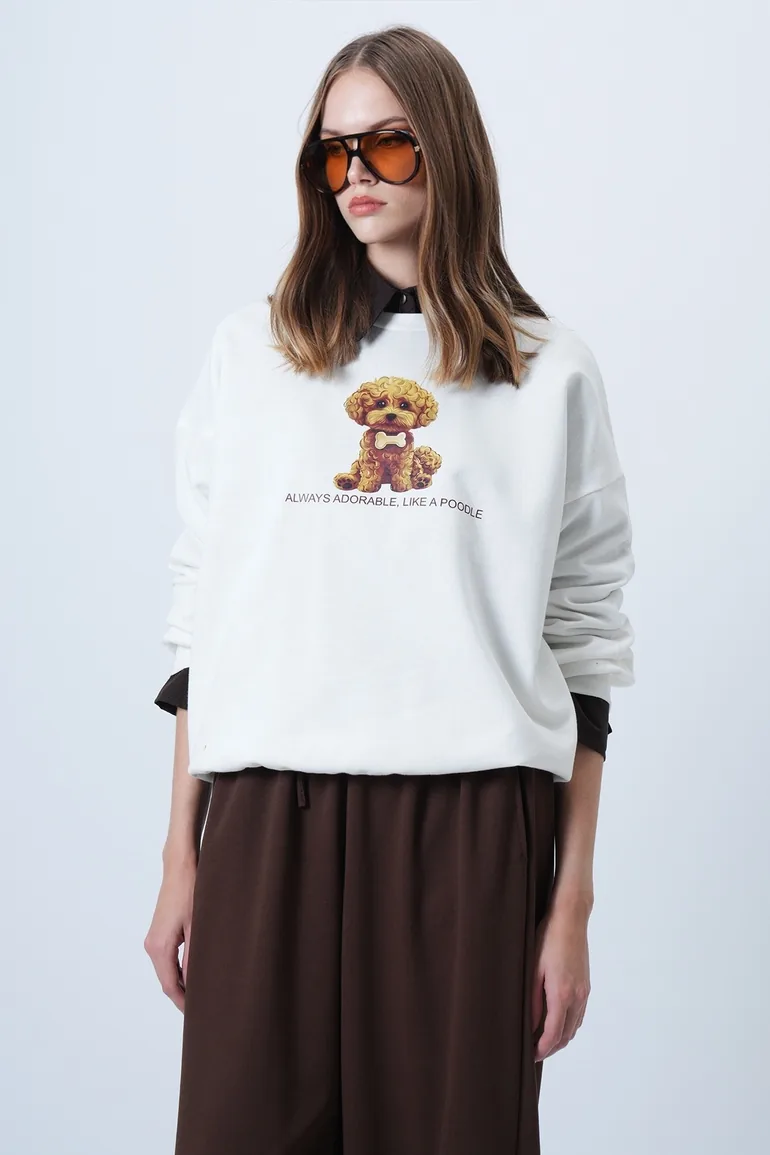 Women's ecru front printed oversize cotton sweatshirt - 5