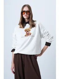 Women's ecru front printed oversize cotton sweatshirt - 4