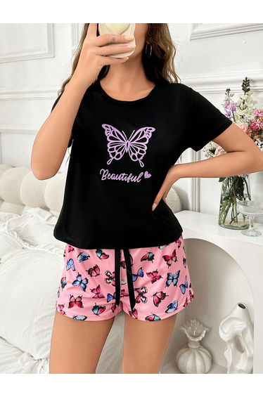 Black Butterfly Print T-Shirt and Shorts Set