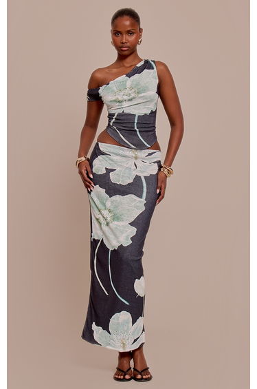Black Floral Print Onion Skin Low Rise Maxi Skirt