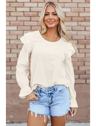 Lvness Beige Ruffled Flounce Sleeve Corduroy Blouse