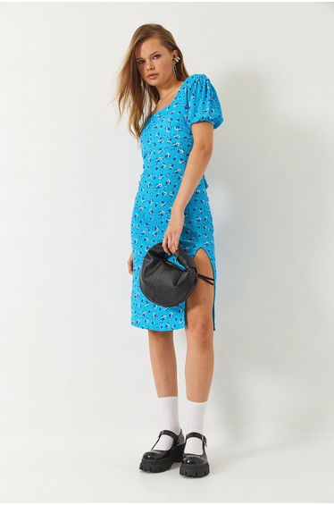 LUCCI Textured Floral Mini Dress with Square Collar