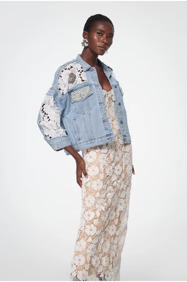 Bagadata Lace Floarl Pearl Denim Jacket