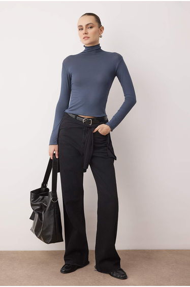 Anthracite Transparent Mock Neck Flexible Regular Length Knitted Blouse