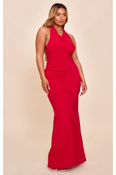 Shape Red Mid Rise Ruched Side Maxi Skirt
