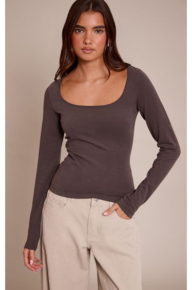 Deep Chocolate Soft Cotton Scoop Neck Long Sleeve Top