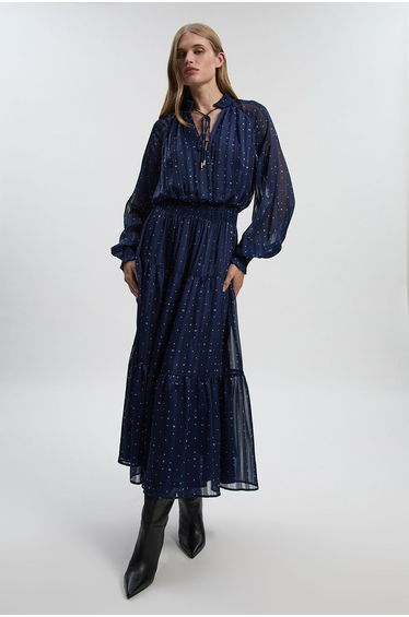 Karen Millen Print Shirred Detail Dobby High Neck Woven Maxi Dress