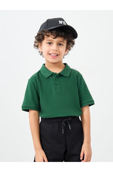 Boys Green Solid Cotton Polo T-Shirt