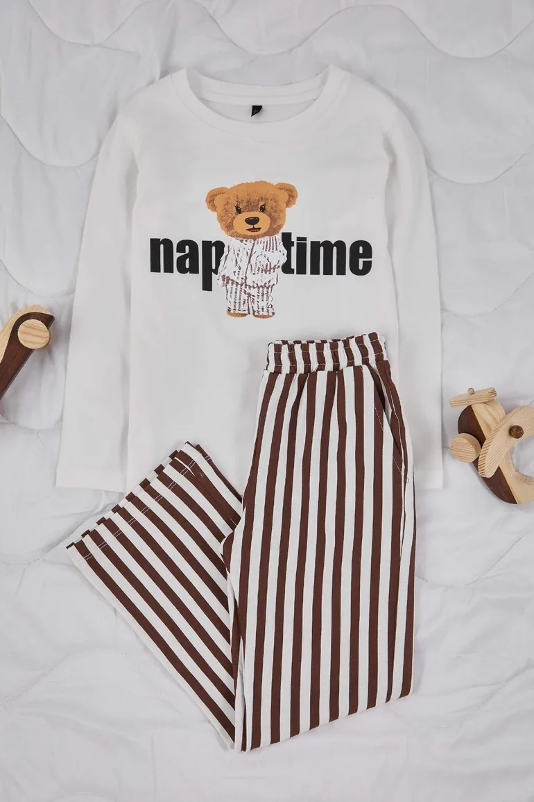 Beige unisex child 100% cotton printed regular knitted pajama set
