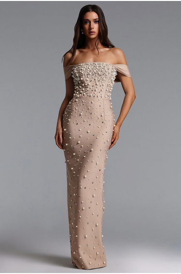 Jaylee Glamorous Off Shoulder Pearl Rhinestone Bandage Maxi Dress