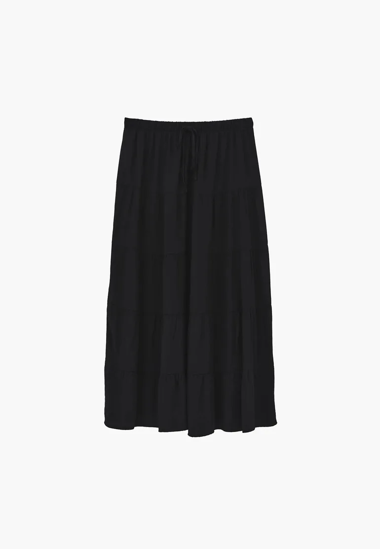 High Waist Ruched Midi Skirt - BLACK - 1