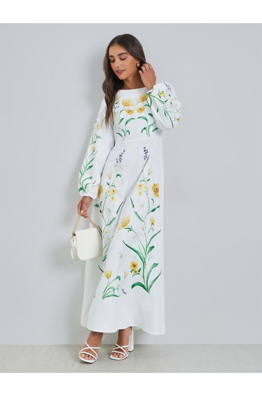 White Floral Print Balloon Sleeves Maxi Dress