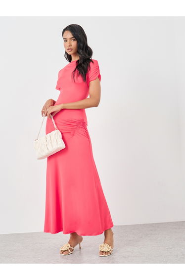 Solid Short Sleeve Maxi Dress with Gathered Detail