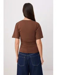 Ecru-Brown 2-Piece Fitted/Fitted Short Sleeve Stretch Knitted T-Shirt - 3
