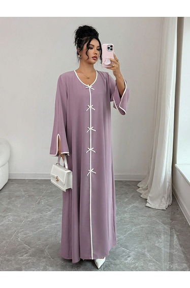 Women Lilac Slit Sleeve Jalabiya with Bow Details