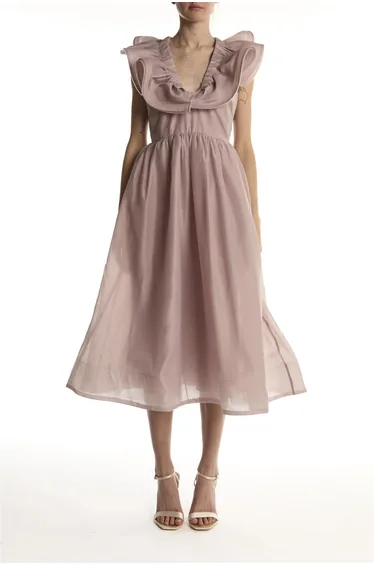 فستان ميدي بياقة V بكشكش لون أرجواني