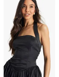Satin Halterneck Drop waist Volume Mini Dress - black - 3