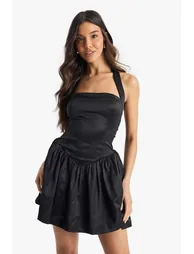 Satin Halterneck Drop waist Volume Mini Dress - black - 1