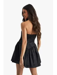 Satin Halterneck Drop waist Volume Mini Dress - black - 2